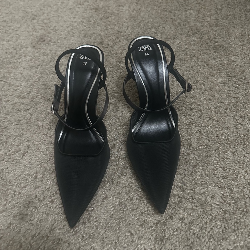 ZARA Black Pointed Ankle-Strap Heels